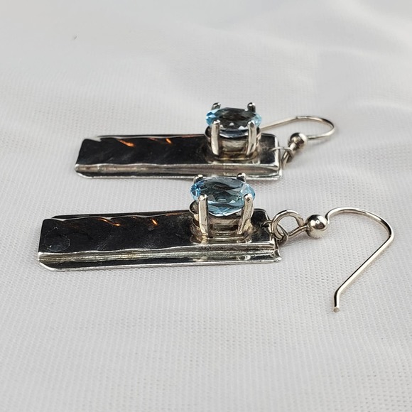 Hand Forged Sterling Silver Dangle Rectangle Earrings with Blue Topaz - Picture 5 of 13